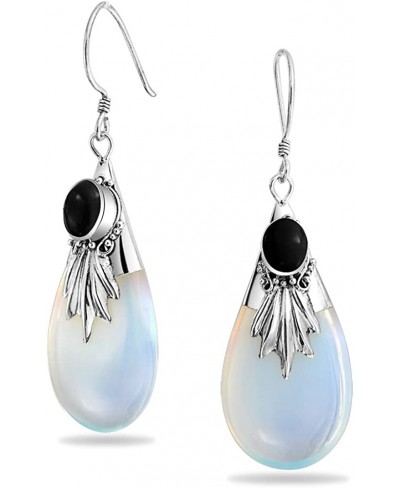 Bali Style Rainbow Opalite Glass Teardrop Pear Shaped Dangle Black Cubic Zirconia CZ Earrings Fish Hook Sterling Silver $33.8...