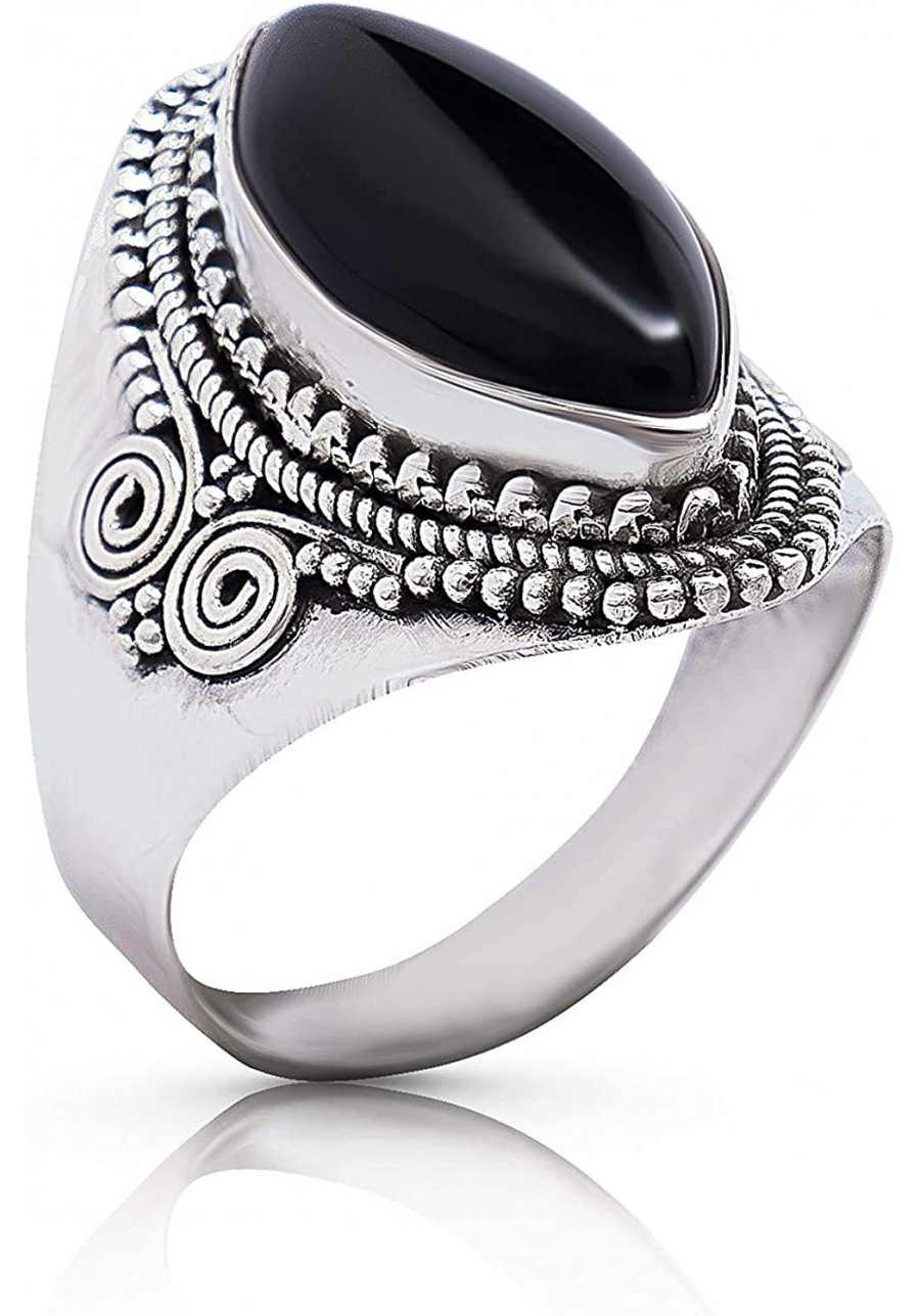 Marquise Black Onyx Spiral Side Ring- 925 Sterling Silver - Ethnic Boho Chic Hand Made Jewelry - Fashionable and Stylish for ...