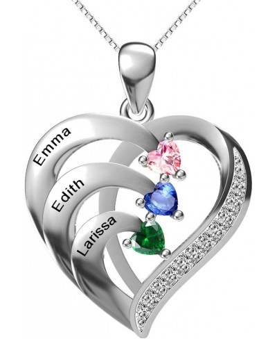 Birthstone Necklace Personalized Love Heart 925 Sterling Silver Custom 3 Names Adjustable Chain Engraved Couple Hearts Birthd...