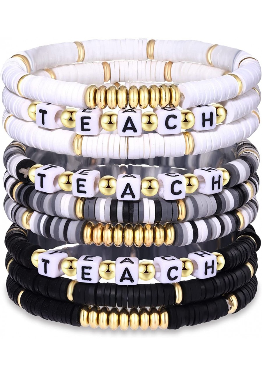 9 Pack Heishi Teacher Bracelets Stackable Rainbow Heishi Teach Beaded Stretchy Bracelet Preppy Jewelry Back to School Teacher...