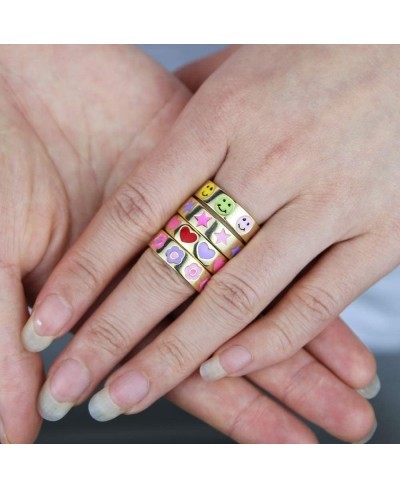 2023 Rainbow Colorful Enamel Heart Smile Star Flower Charm Gold Color Eternity Band Ring for Women $7.90 Bands