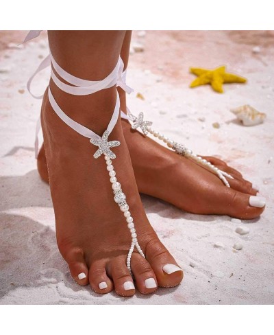 2PCS Beach Ribbon Barefoot Sandals Anklet Crystal Starfish Foot Chain Wedding Pearl Ankle Bracelet Jewelry for Women and Girl...