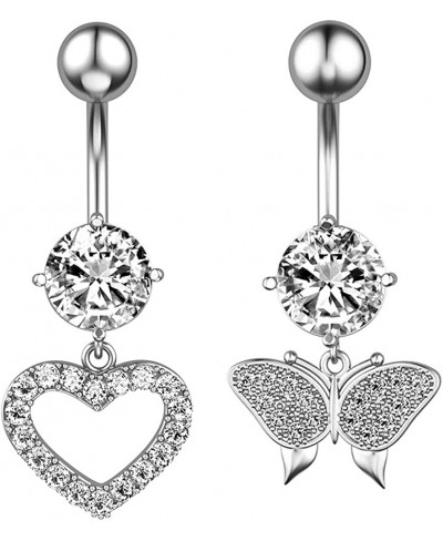 2Pcs Butterfly Belly Button Rings 14G Stainless Steel Dangle Sparkling Crystal CZ Heart Love Navel Rings Barbells Studs Bar D...