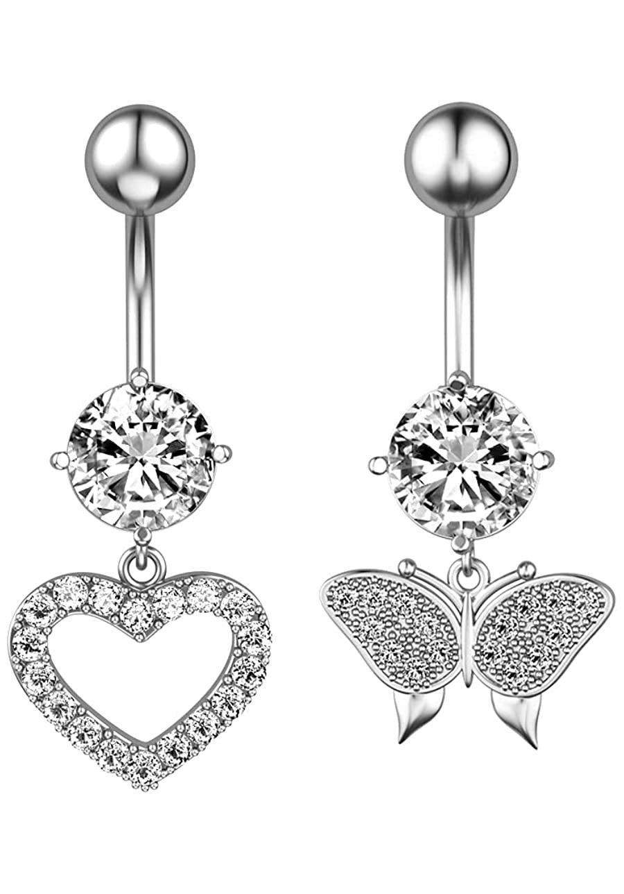 2Pcs Butterfly Belly Button Rings 14G Stainless Steel Dangle Sparkling Crystal CZ Heart Love Navel Rings Barbells Studs Bar D...