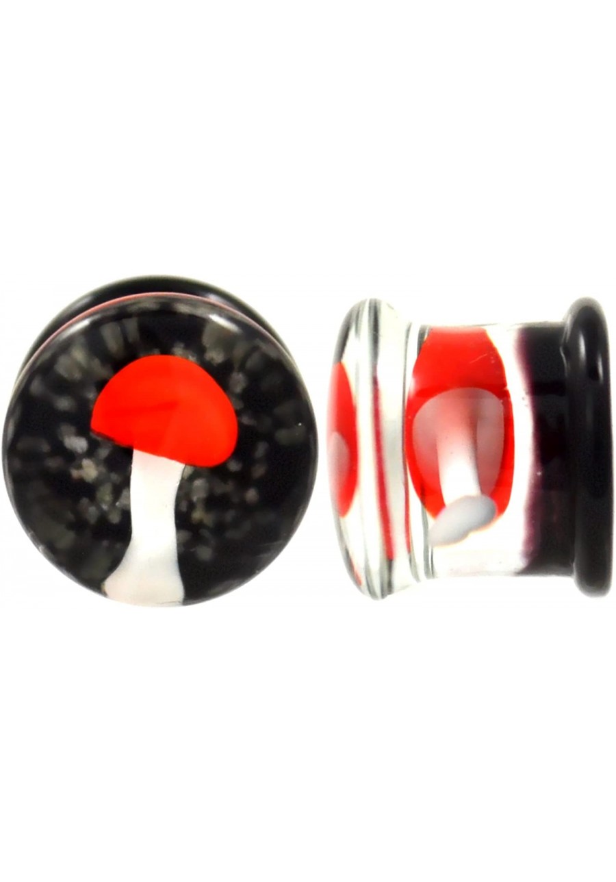 Pair of Trippy Red Mushroom Pyrex Glass Plugs Double Flared Gauges $16.63 Piercing Jewelry