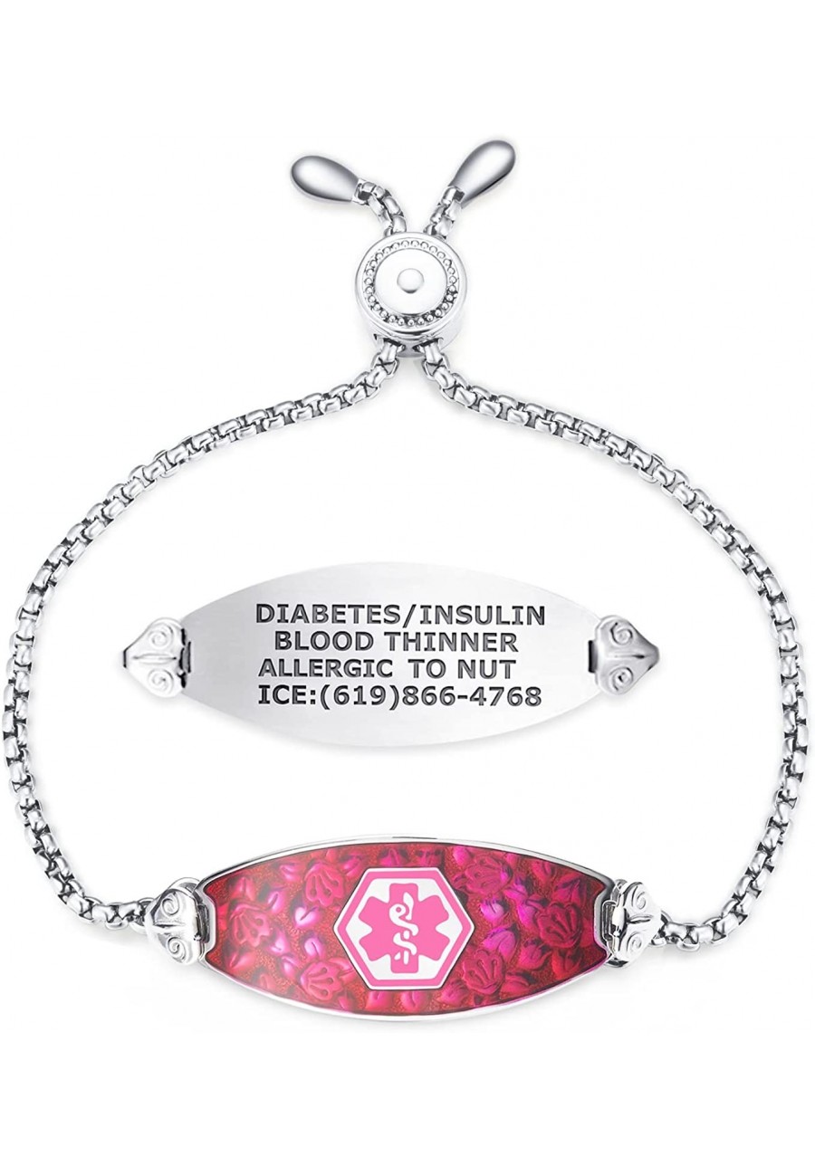 Custom Engraved Blooming Cherry Blossom Medical Alert Bracelet for Women w/Adjustable Easy-on Chain & Free Engraving - Variou...