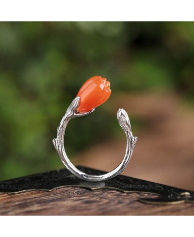 Chinese Style Vintage S 925 Silver Ring Women'S Open Inlay Tulip Natural South Red Fashion Creative Gift Personality Trend Te...