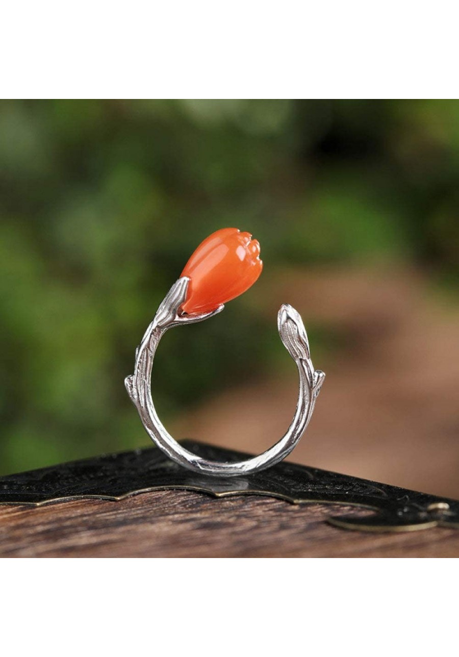 Chinese Style Vintage S 925 Silver Ring Women'S Open Inlay Tulip Natural South Red Fashion Creative Gift Personality Trend Te...