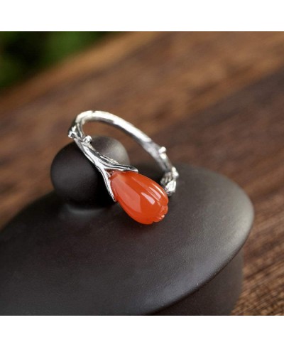 Chinese Style Vintage S 925 Silver Ring Women'S Open Inlay Tulip Natural South Red Fashion Creative Gift Personality Trend Te...