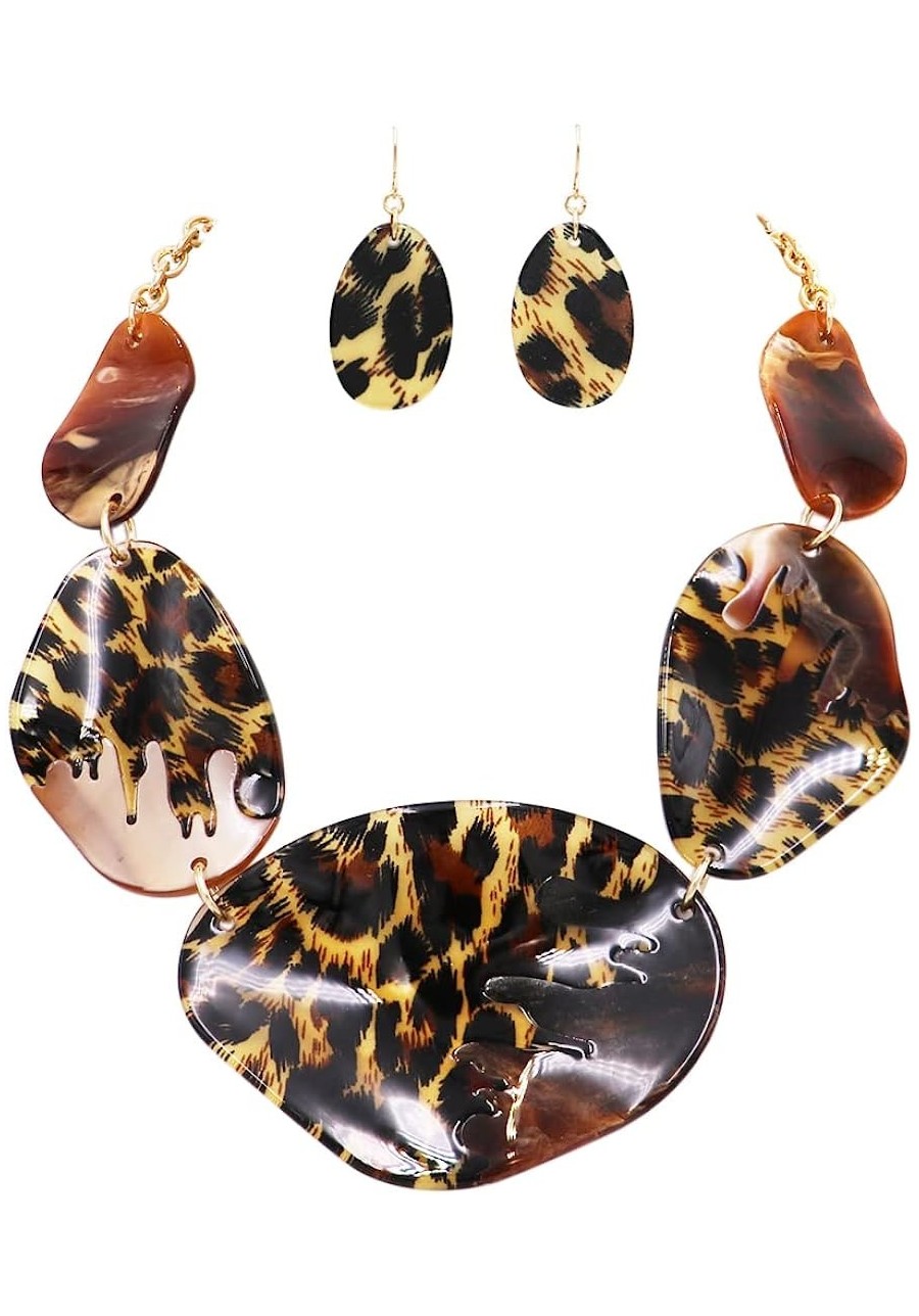 Women's Unique Wild Animal Leopard Print Statement Lucite Bib Necklace Earring Set 18"+3" Extender $21.95 Jewelry Sets