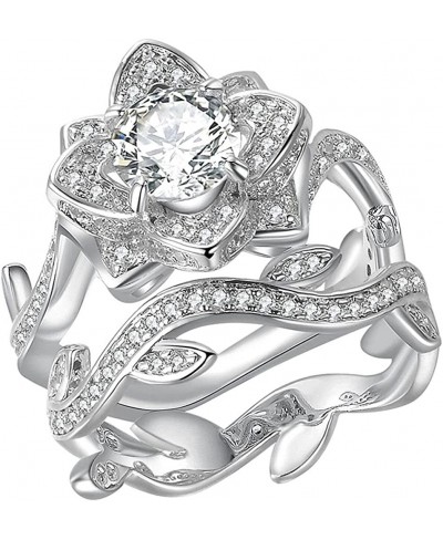 Women 2 PCS 925 Sterling Silver Plated Rose Flower Leaf Shape Ring Round Cut CZ Diamond Bridal Wedding Band Set $7.42 Wedding...