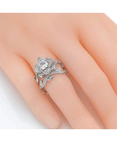 Women 2 PCS 925 Sterling Silver Plated Rose Flower Leaf Shape Ring Round Cut CZ Diamond Bridal Wedding Band Set $7.42 Wedding...