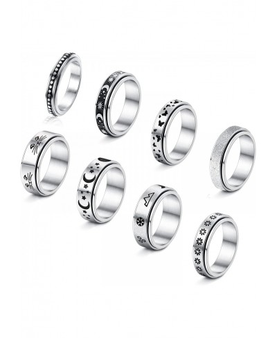 8pcs Stainless Steel Fidget Ring for Women Men Anxiety Ring Moon Star Matching Rings Flower Cat Spinner Band Ring Set Size 6-...