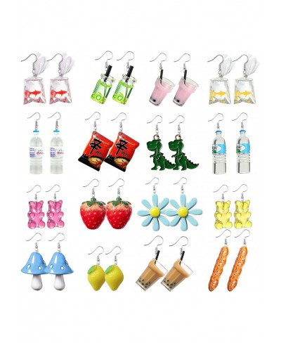 16-24 Pairs Cute Funny Weird Earrings Boba Water Bottle Pearl Milk Tea Food Gummy Bear Fruit Mushroom Goldfish Earring Set Cu...