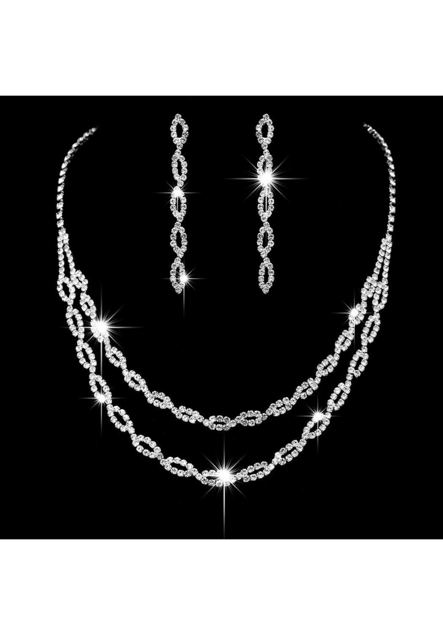 Bride Silver Necklace Earrings Set Crystal Bridal Wedding Jewelry Set Rhinestone Choker Necklace for Women and Girls (Silver-...