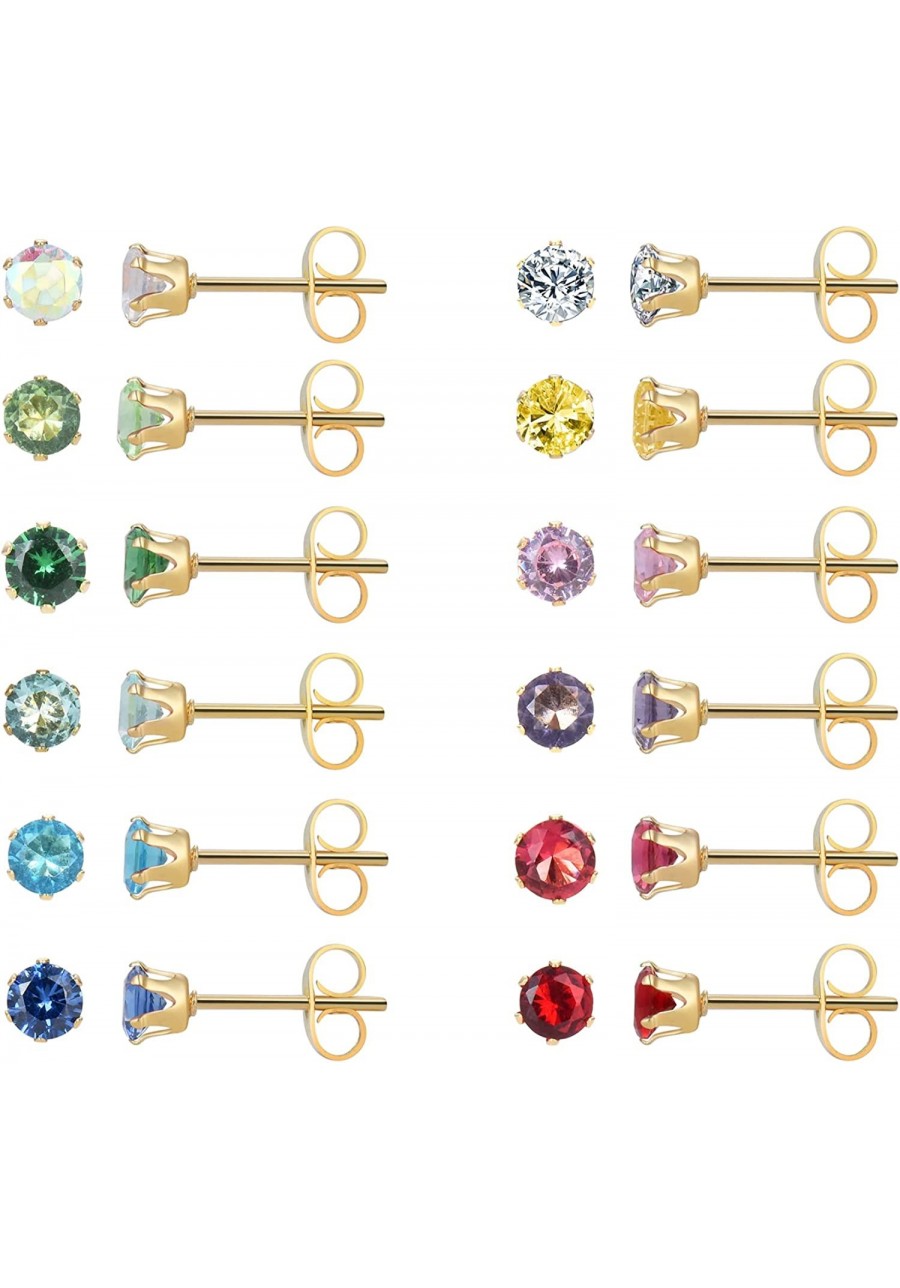 12 Pairs 18K Gold Plated Surgical Stainless Steel Stud Earring Cubic Zirconia CZ Stud Earrings for Women Multicolor Birthston...