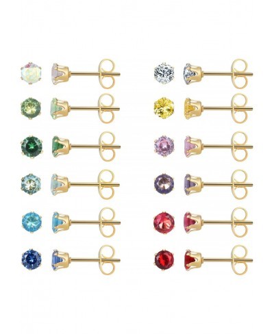 12 Pairs 18K Gold Plated Surgical Stainless Steel Stud Earring Cubic Zirconia CZ Stud Earrings for Women Multicolor Birthston...