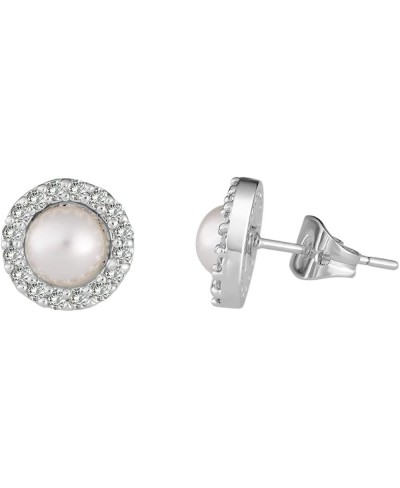 Silver Plated Brass CZ Halo Simulated Pearl Stud Earrings $22.23 Stud