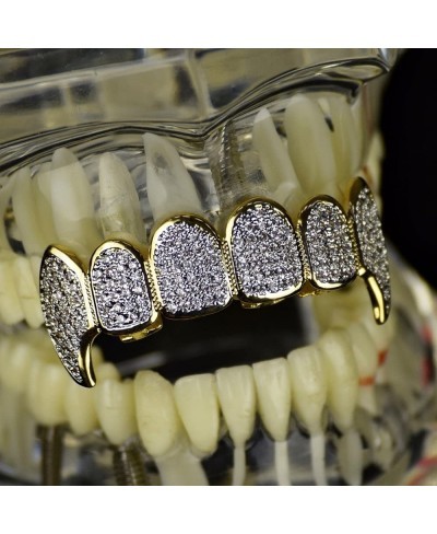 Premium CZ Fang Grillz 2-Tone 14K Gold Plated & Silver Finish Top Teeth Bling Cubic Zirconia Hip Hop Fangs $40.20 Dental Grills