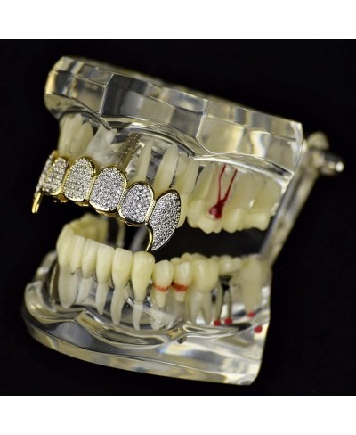 Premium CZ Fang Grillz 2-Tone 14K Gold Plated & Silver Finish Top Teeth Bling Cubic Zirconia Hip Hop Fangs $40.20 Dental Grills