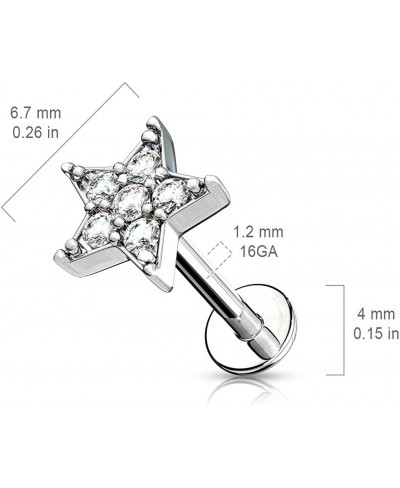 16G CZ Paved Star Top Labret Piercing Surgical Steel Internally Threaded Monroe Lip Ring Helix Earring $11.98 Piercing Jewelry