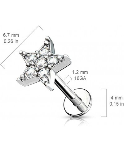 16G CZ Paved Star Top Labret Piercing Surgical Steel Internally Threaded Monroe Lip Ring Helix Earring $11.98 Piercing Jewelry