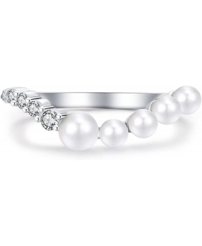 Sterling Silver Ring Promise Rings Women Curved Pearl and Diamond Ring Silver $22.48 Statement