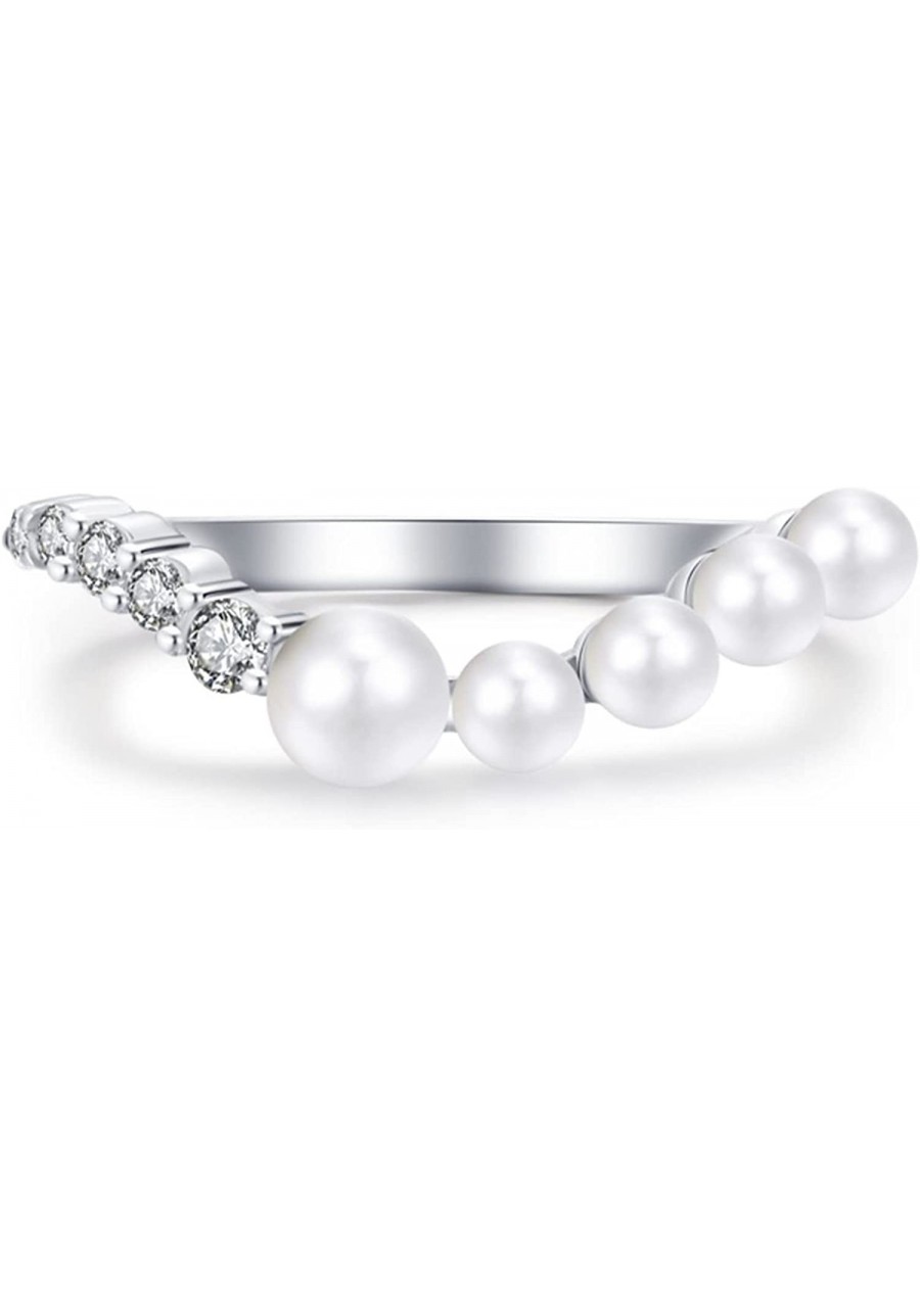 Sterling Silver Ring Promise Rings Women Curved Pearl and Diamond Ring Silver $22.48 Statement