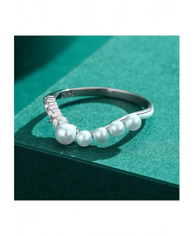 Sterling Silver Ring Promise Rings Women Curved Pearl and Diamond Ring Silver $22.48 Statement