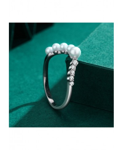 Sterling Silver Ring Promise Rings Women Curved Pearl and Diamond Ring Silver $22.48 Statement