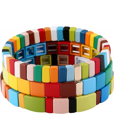 Tile Bracelets Stackable Enamel Stretch Tile Bracelet Rainbow Colorblock Beads Bracelets Bohemian Strand Bracelets for Women ...