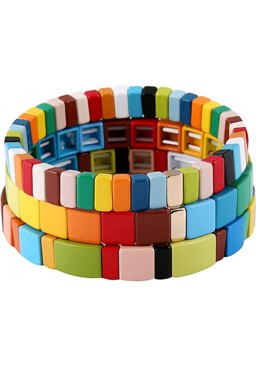 Tile Bracelets Stackable Enamel Stretch Tile Bracelet Rainbow Colorblock Beads Bracelets Bohemian Strand Bracelets for Women ...