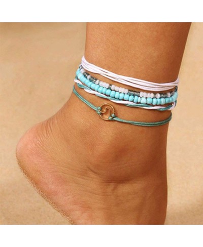 Boho Layered Turquoise Anklet Set Blue Beaded Ankle Bracelets Beach Foot Jewelry Adjustable for Women and Girls (Pack of 5) $...