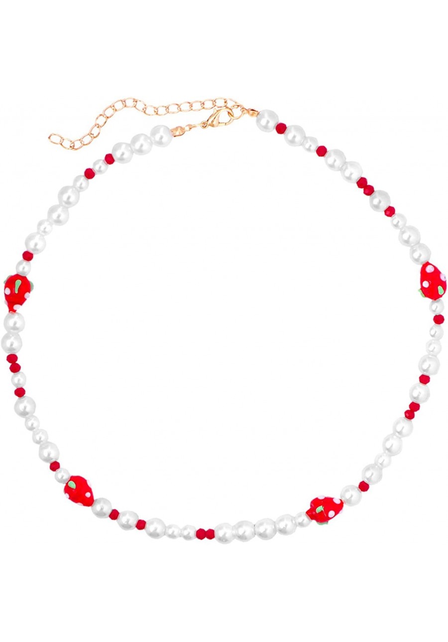 Strawberry Necklace for Women Gold Pearl Choker Necklace Y2k Beaded Necklace Pink beads Necklace $14.40 Chokers