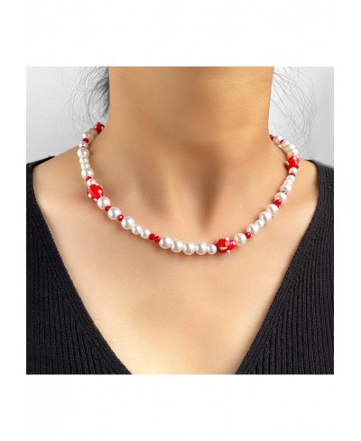 Strawberry Necklace for Women Gold Pearl Choker Necklace Y2k Beaded Necklace Pink beads Necklace $14.40 Chokers