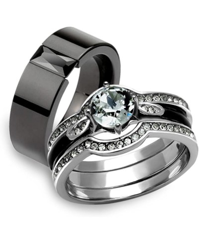 His Hers 4Pc Silver and Black Stainless Steel Wedding Engagement Ring Band Set $30.00 Bridal Sets