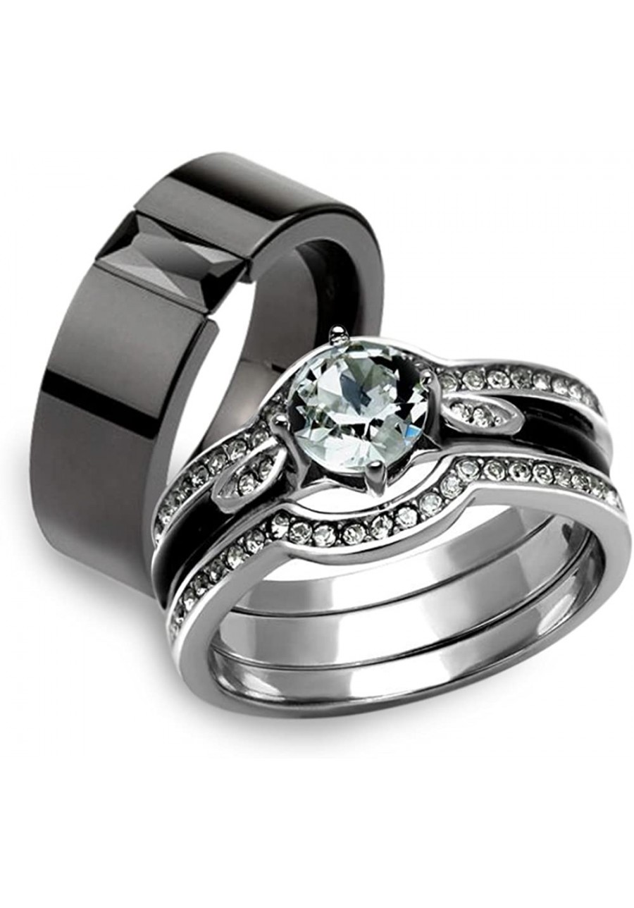 His Hers 4Pc Silver and Black Stainless Steel Wedding Engagement Ring Band Set $30.00 Bridal Sets