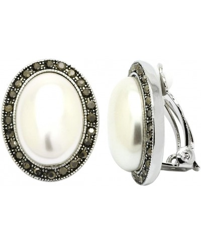 Simulated Pearl Clip On Earrings Oval Black Crystal Rhodium Plated Woman Fashion $31.53 Clip-Ons