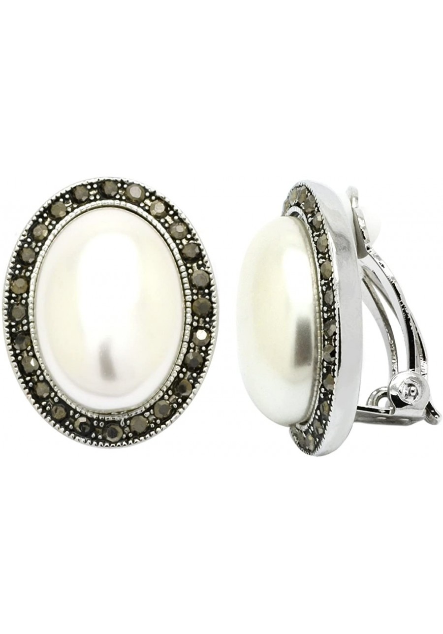 Simulated Pearl Clip On Earrings Oval Black Crystal Rhodium Plated Woman Fashion $31.53 Clip-Ons