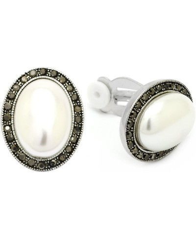 Simulated Pearl Clip On Earrings Oval Black Crystal Rhodium Plated Woman Fashion $31.53 Clip-Ons