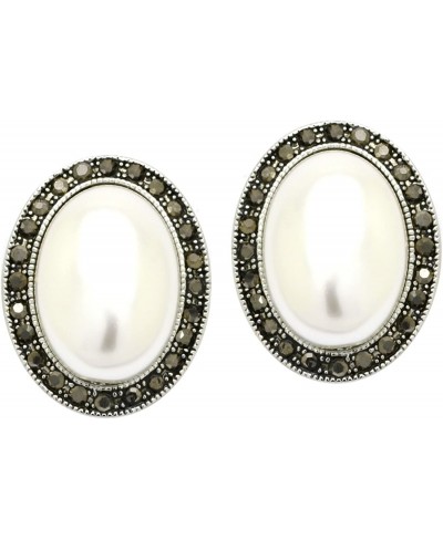 Simulated Pearl Clip On Earrings Oval Black Crystal Rhodium Plated Woman Fashion $31.53 Clip-Ons