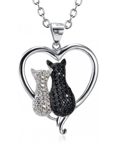 Cat Necklaces 925 Sterling Silver Jewelry Cute Double Two-Tone Cat Pendant Cubic Zirconia Necklace Rolo Chain Eternal Love He...