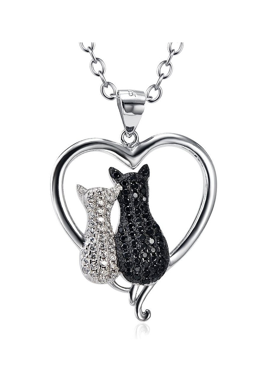 Cat Necklaces 925 Sterling Silver Jewelry Cute Double Two-Tone Cat Pendant Cubic Zirconia Necklace Rolo Chain Eternal Love He...