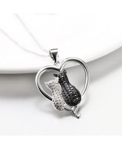 Cat Necklaces 925 Sterling Silver Jewelry Cute Double Two-Tone Cat Pendant Cubic Zirconia Necklace Rolo Chain Eternal Love He...