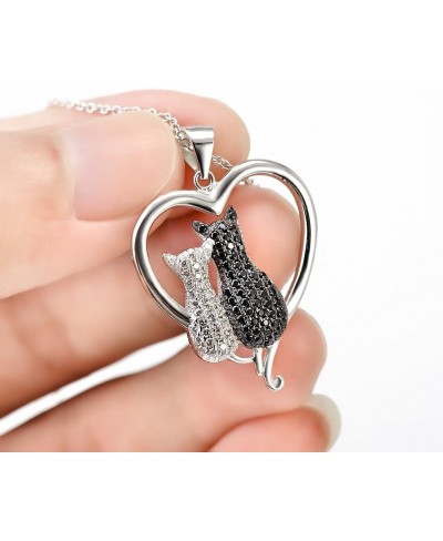 Cat Necklaces 925 Sterling Silver Jewelry Cute Double Two-Tone Cat Pendant Cubic Zirconia Necklace Rolo Chain Eternal Love He...