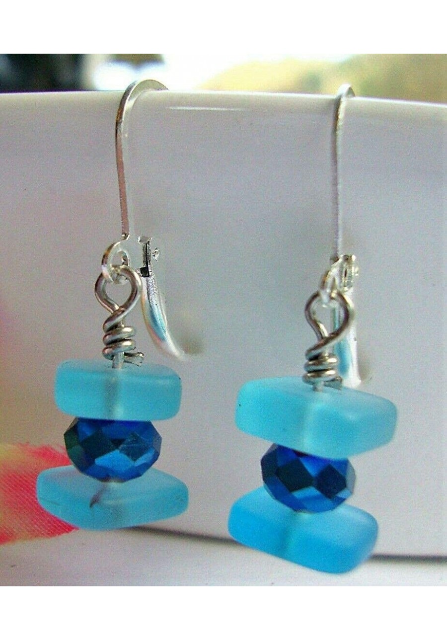 Stacked Caribbean Blue Sea Glass Square Crystal Silver Dangle Earrings Beach $8.44 Drop & Dangle