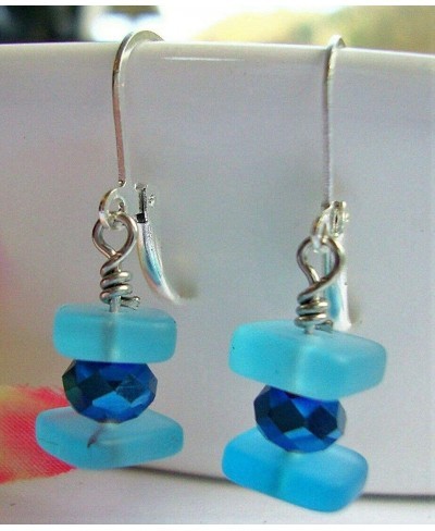 Stacked Caribbean Blue Sea Glass Square Crystal Silver Dangle Earrings Beach $8.44 Drop & Dangle