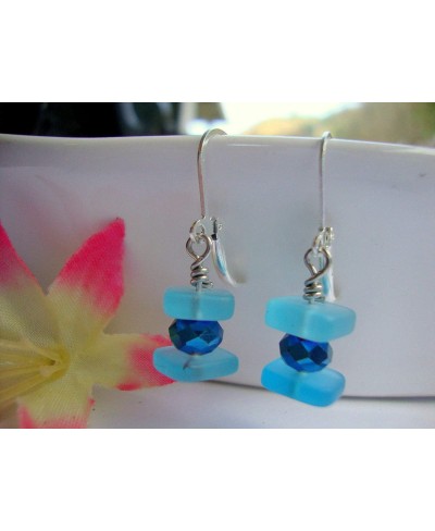 Stacked Caribbean Blue Sea Glass Square Crystal Silver Dangle Earrings Beach $8.44 Drop & Dangle