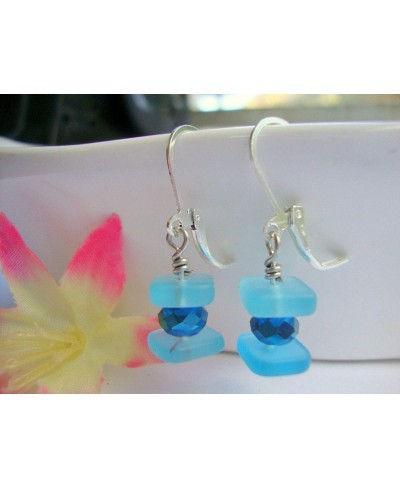 Stacked Caribbean Blue Sea Glass Square Crystal Silver Dangle Earrings Beach $8.44 Drop & Dangle