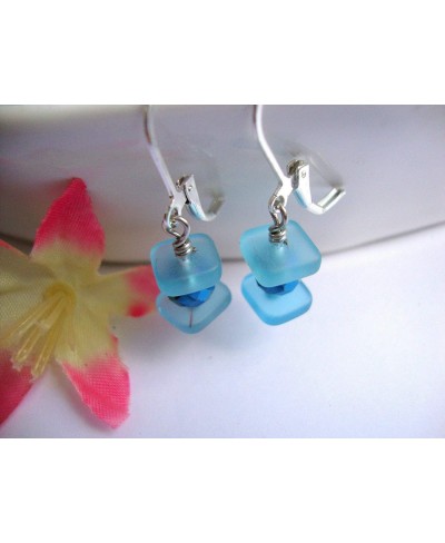 Stacked Caribbean Blue Sea Glass Square Crystal Silver Dangle Earrings Beach $8.44 Drop & Dangle